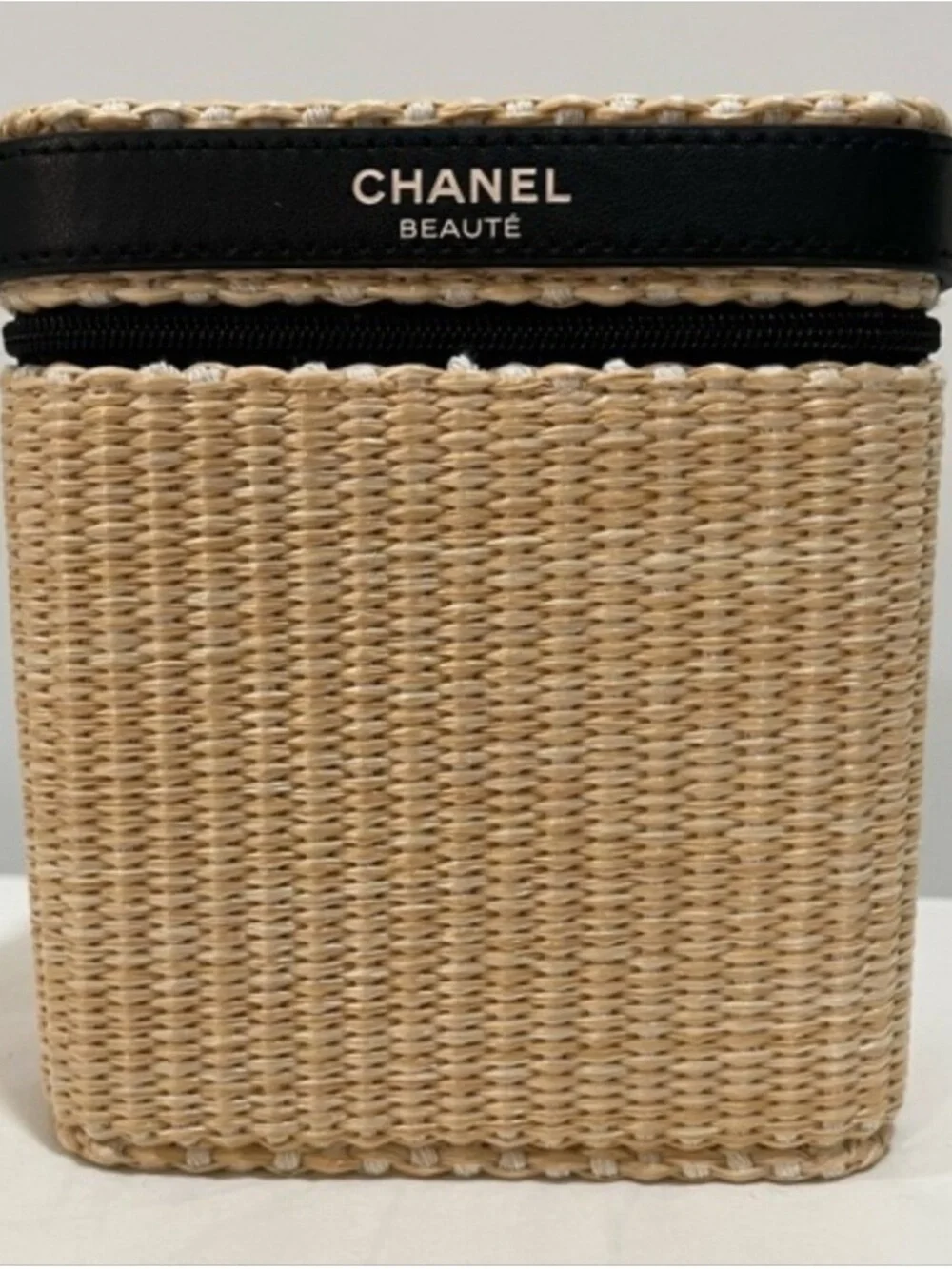 CHANEL Beige Straw Cosmetic Case with Black Trim & Makeup Set